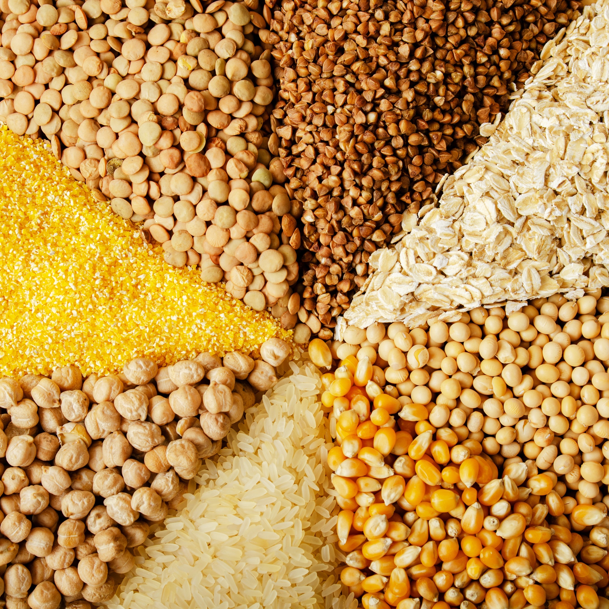 Flat lay food background made of legumes cereals and grains